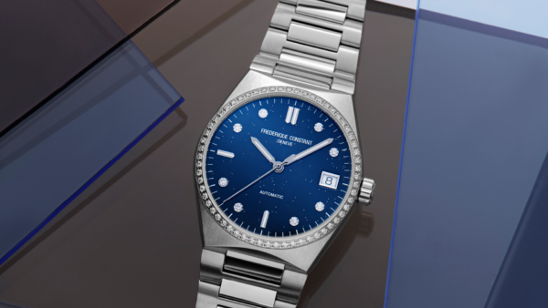 Highlife Ladies Automatic Sparkling watch for woman.   Automatic movement, blue dial with 8 diamonds, stainless-steel case with 60 diamonds, date window and stainless-steel integrated and interchangeable bracelet